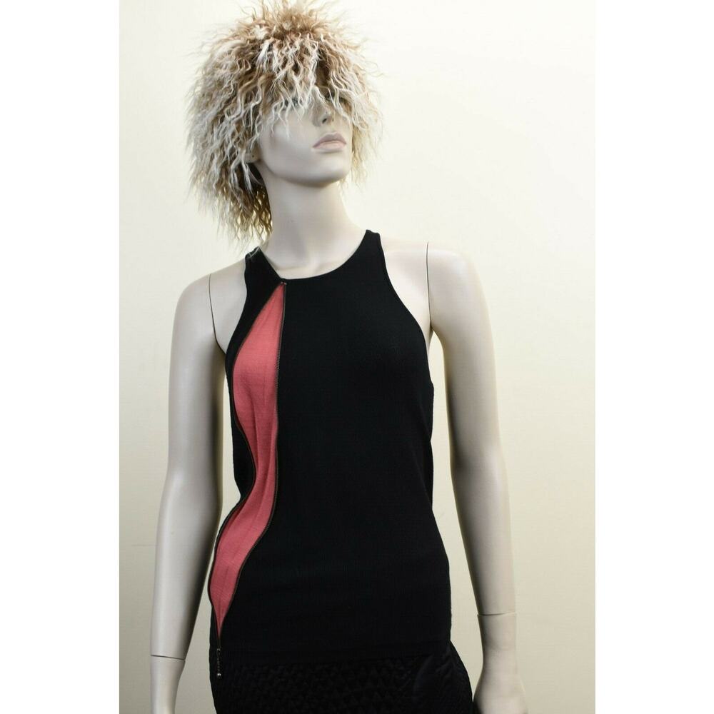 BALENCIAGA KNITS BLACK RED SETA SILK KNIT 2X ZIP SLEEVELESS TOP 36